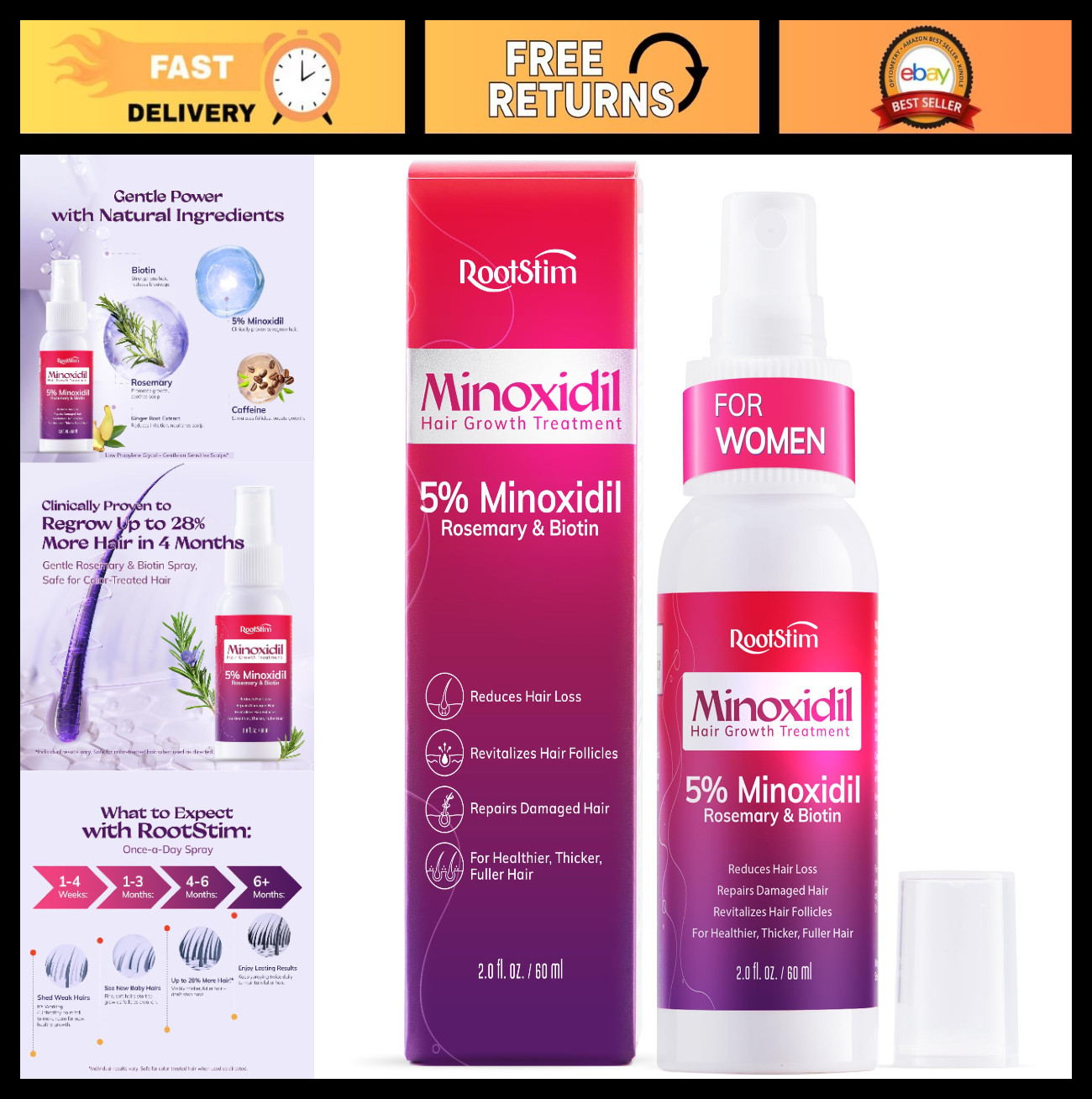 5% Minoxidil Hair Growth Spray for Women – Extra Strength with Rosemary & Biotin