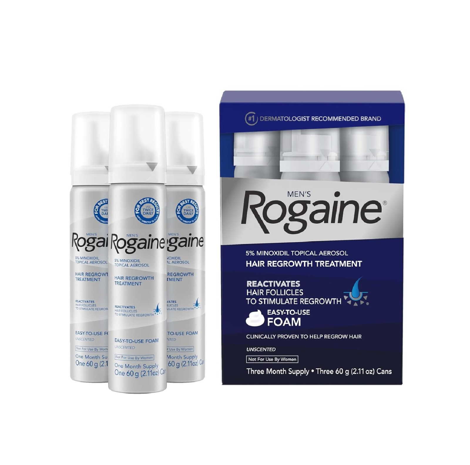 Men’s Rogaine 5% Minoxidil Topical Foam Unscented 3 Mo Supply 3x 2.11 Oz