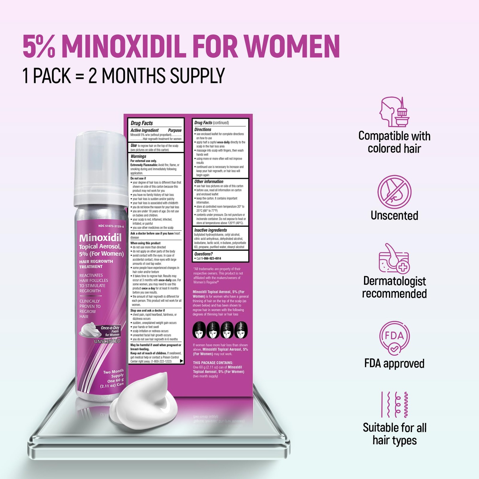 Rogaine 5% Minoxidil Foam for Women Hair Growth Thinning Treatment 2 Month