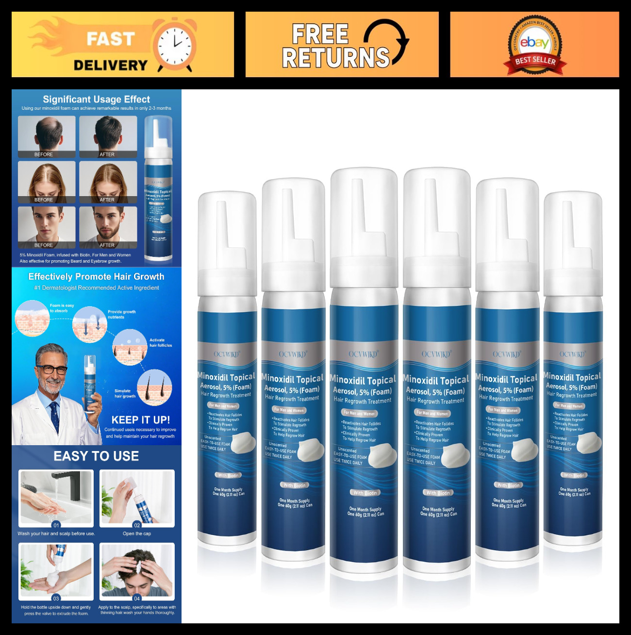 5% Minoxidil Foam Hair Growth Treatment, Biotin-Infused, Unscented, 6-Month Supp